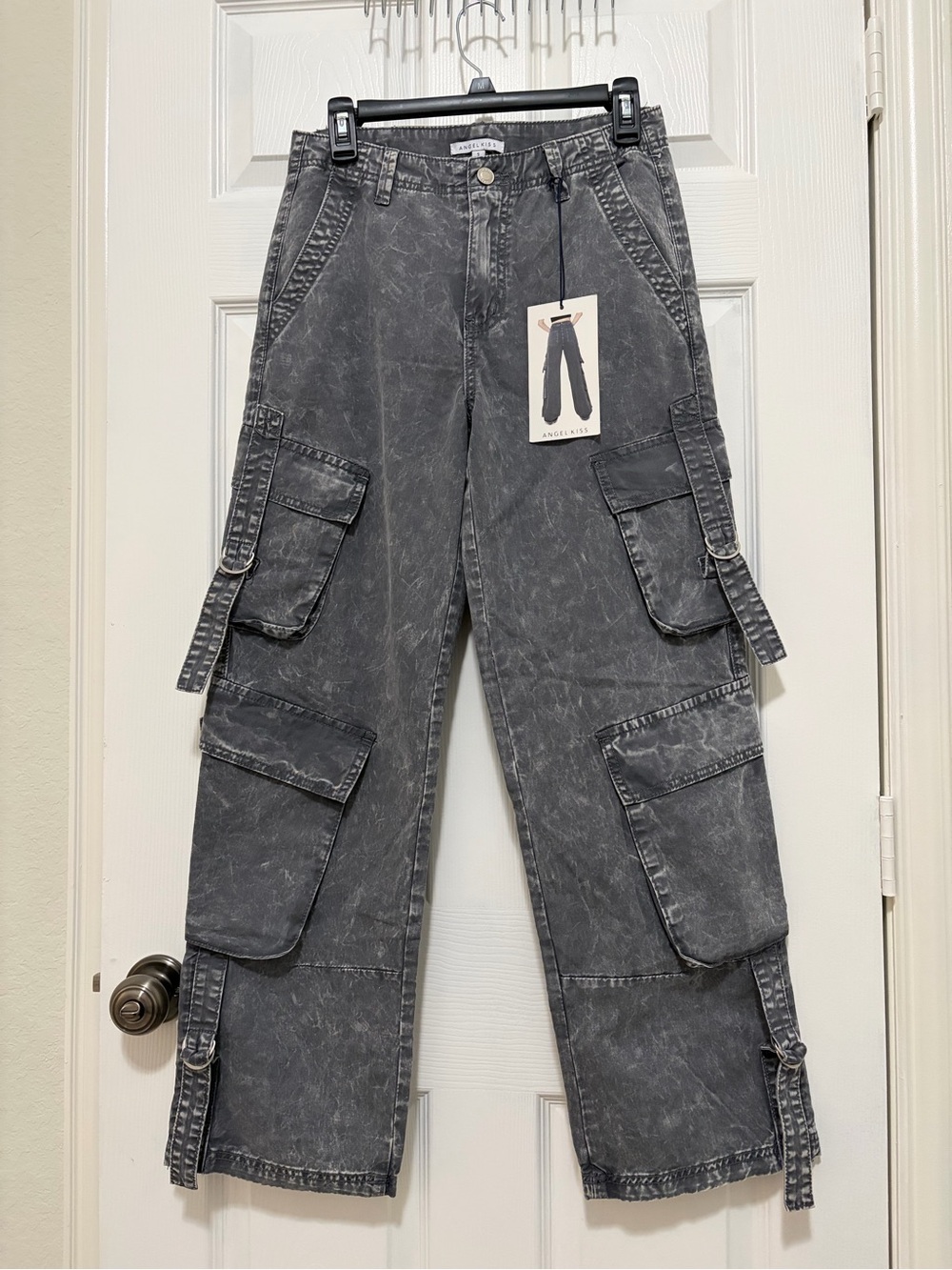 Angel Kiss Washed Charcoal Cargo Pants with Strap Details